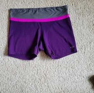 Purple Athletic Compression Shorts with Gray Waistband and Pink Trim